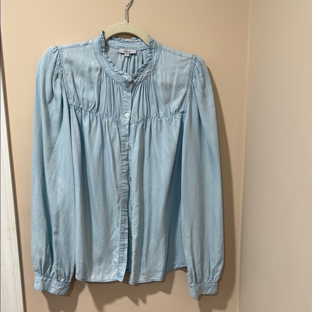 Rails Blue Button Down Blouse with Mandarin Collar